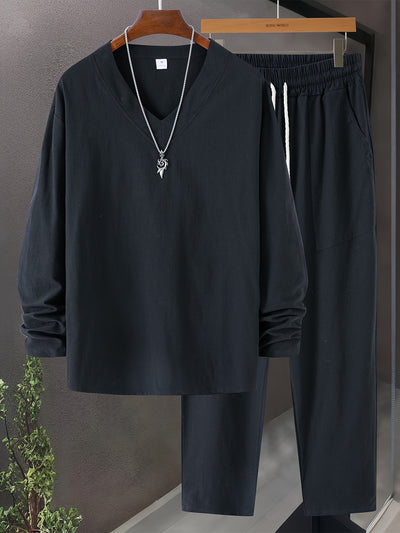Men’s Loungewear Set – V-Neck Long Sleeve Top – Relaxed Fit Trousers with Pockets