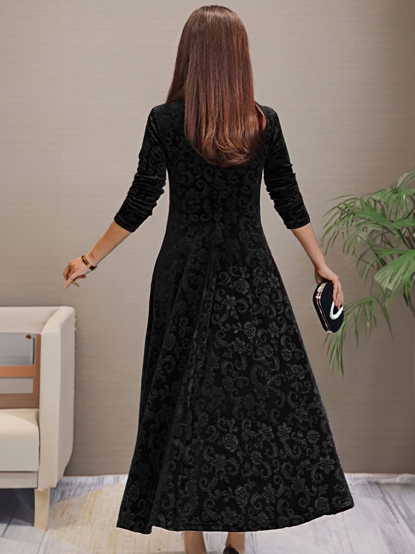 Women’s Midi Dress - Velvet A-Line - Floral Pattern - V-Neck - 3/4 Sleeve Elegant Fit
