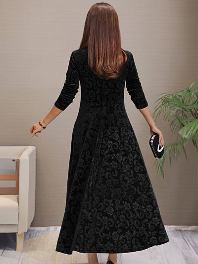 Women’s Midi Dress - Velvet A-Line - Floral Pattern - V-Neck - 3/4 Sleeve Elegant Fit