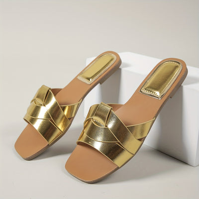 Women's Square Toe Slide Sandals - PU Strappy Flats for Casual Spring & Summer Beachwear