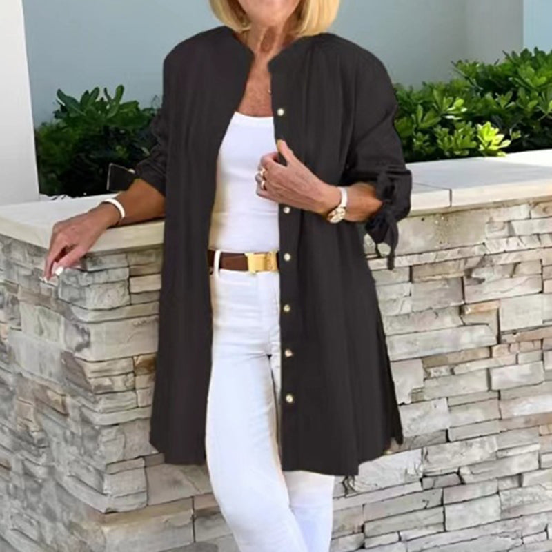 Women’s Tunic Shirt – Relaxed Fit – Button Front – Mid Thigh Length