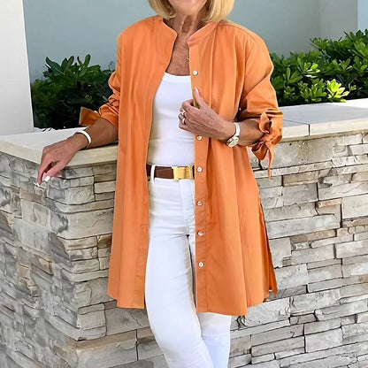 Women’s Long Shirt – Relaxed Fit – Button Front – Breathable Blend – Tie Cuff Sleeves
