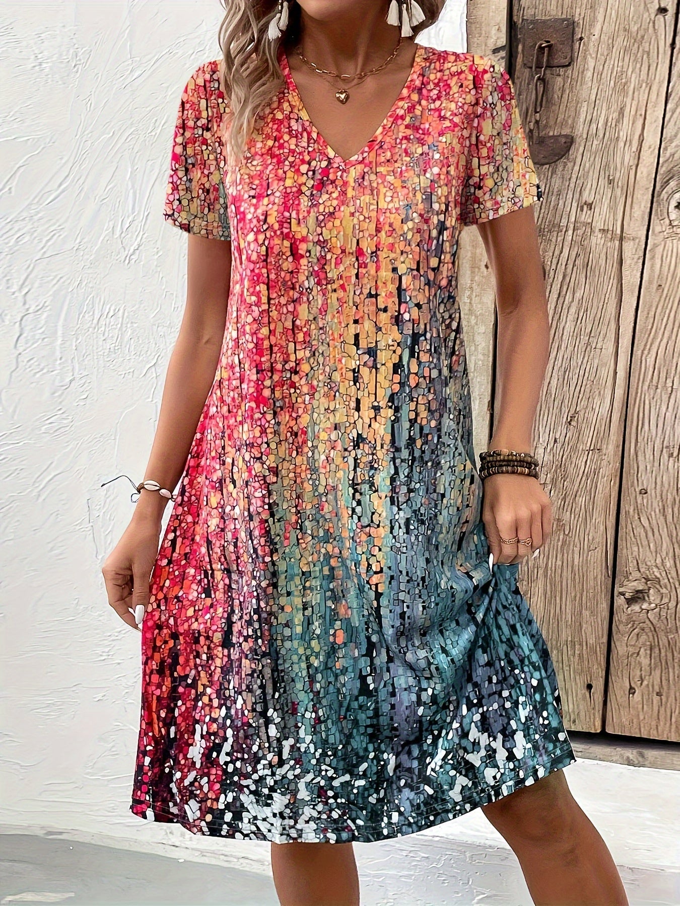 Women’s Midi Dress – Relaxed Fit – A-Line – V-Neck – Short Sleeve – Breathable Blend