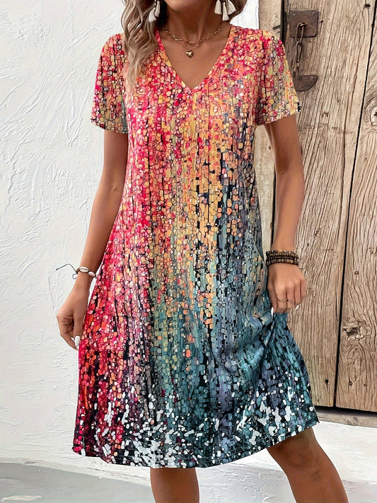 Women’s Midi Dress – Relaxed Fit – A-Line – V-Neck – Short Sleeve – Breathable Blend
