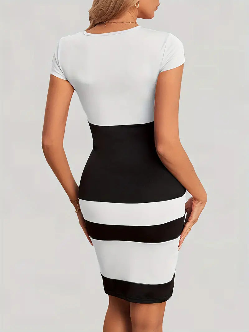 Women's Bodycon Dress - Short Sleeve - Round Neck - Knee-Length Striped Elegant Fit