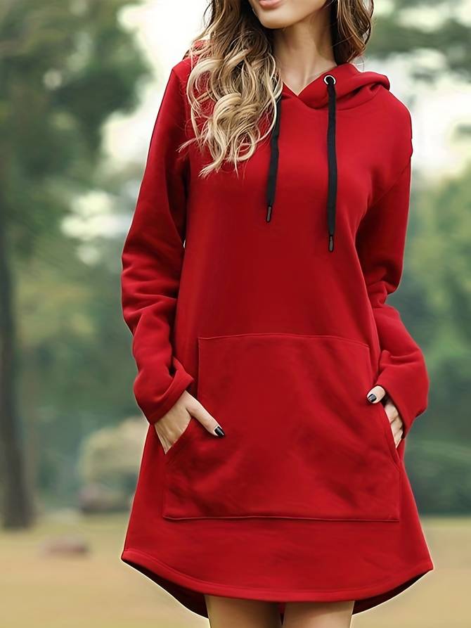 Women's Hoodie Dress - Long Sleeve - Relaxed Fit - Hooded with Kangaroo Pocket