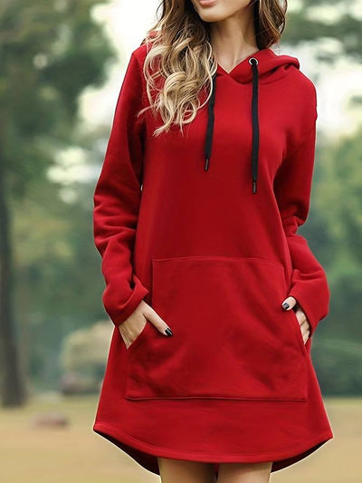 Women's Hoodie Dress - Long Sleeve - Relaxed Fit - Hooded with Kangaroo Pocket