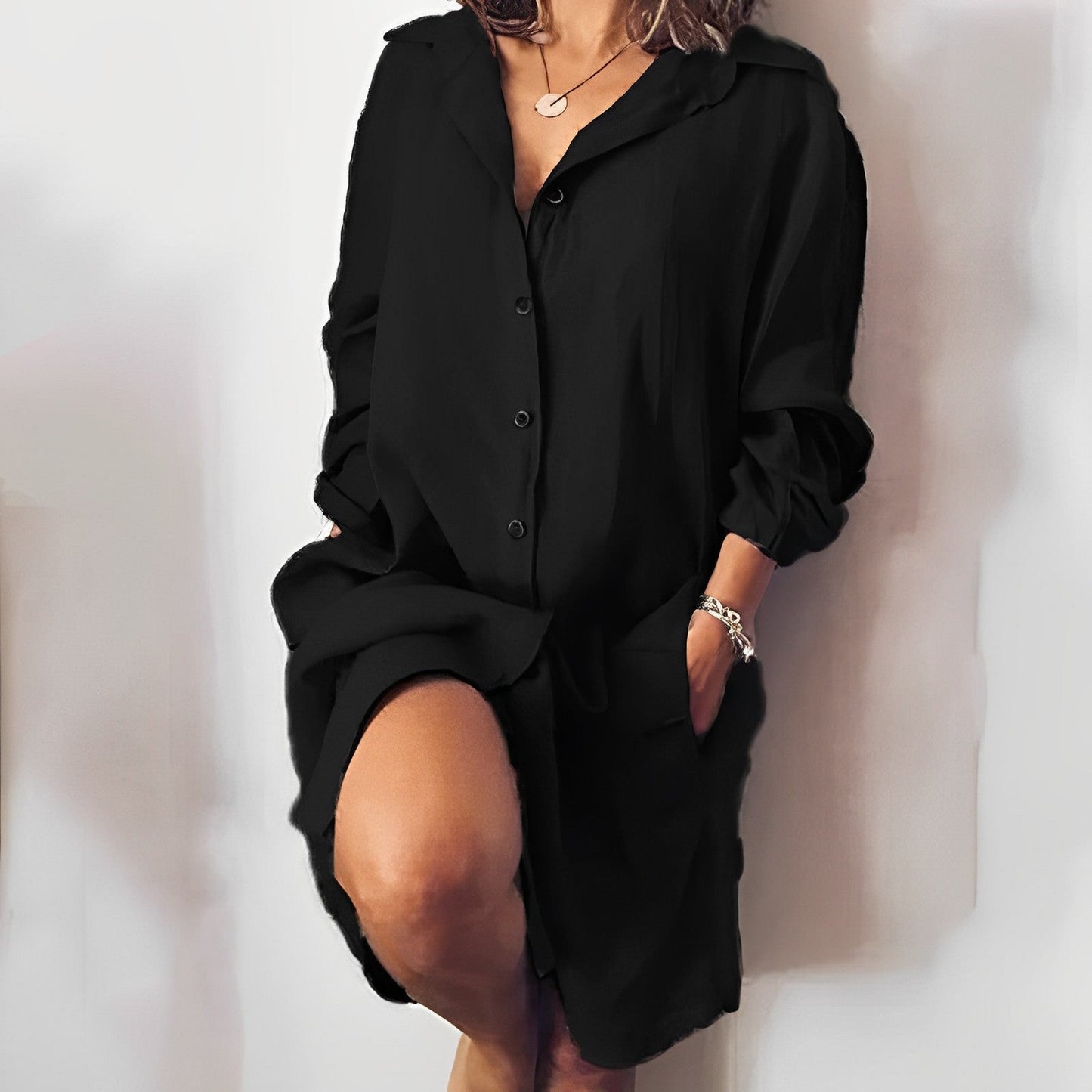 Women’s Blouse – Relaxed Fit – Natural Fibers – Button Front – Mid-Thigh Length – Long Sleeve