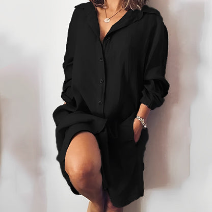 Women’s Blouse – Relaxed Fit – Natural Fibers – Button Front – Mid-Thigh Length – Long Sleeve