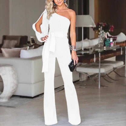 Women’s Jumpsuit – One Shoulder – Slim Fit – Flared Leg – Belted Waist – Luxury Fabric
