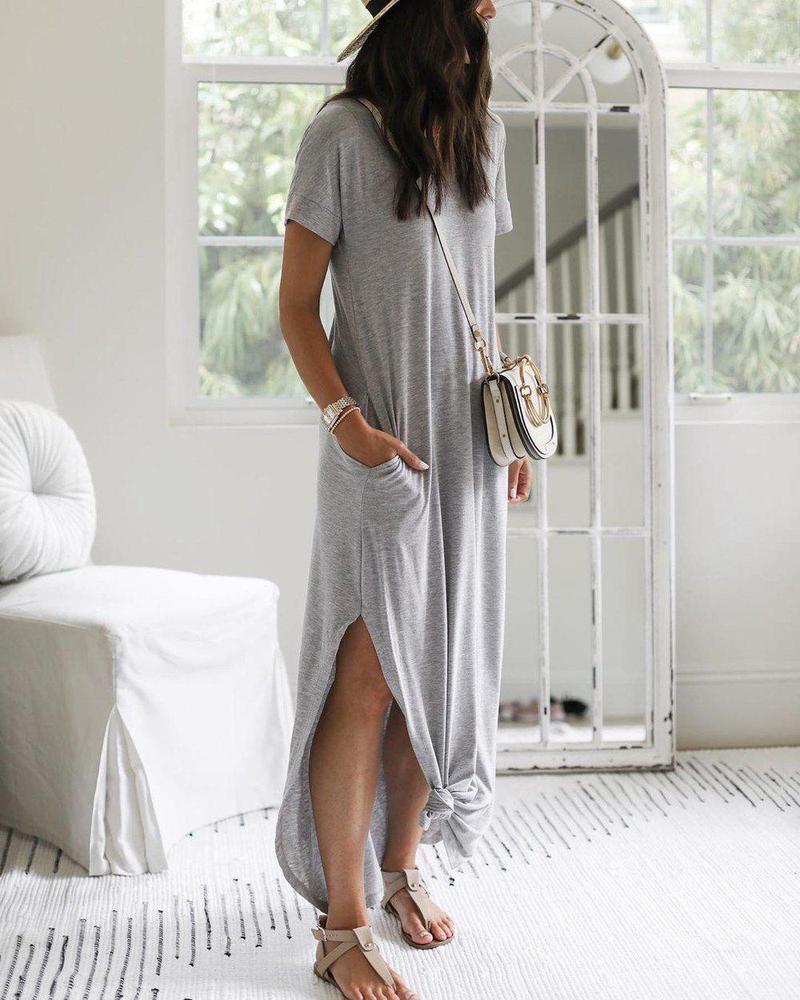 Women’s Maxi Dress – Soft Lightweight Fabric – Short Sleeve – Relaxed Fit – Crew Neck – Side Slit – Pockets