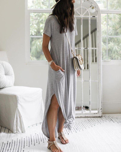 Women’s Maxi Dress – Soft Lightweight Fabric – Short Sleeve – Relaxed Fit – Crew Neck – Side Slit – Pockets