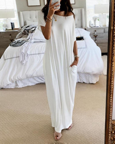 Women’s Maxi Dress – Soft Lightweight Fabric – Short Sleeve – Relaxed Fit – Crew Neck – Side Slit – Pockets
