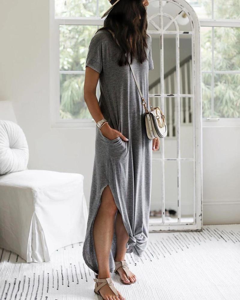 Women’s Maxi Dress – Soft Lightweight Fabric – Short Sleeve – Relaxed Fit – Crew Neck – Side Slit – Pockets