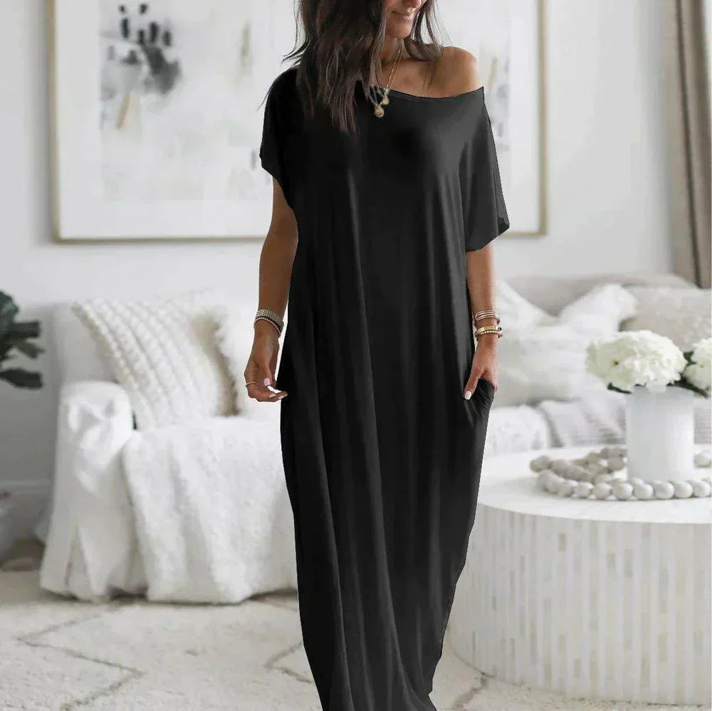 Women’s Maxi Dress – Soft Lightweight Fabric – Short Sleeve – Relaxed Fit – Crew Neck – Side Slit – Pockets