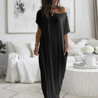 Women’s Maxi Dress – Soft Lightweight Fabric – Short Sleeve – Relaxed Fit – Crew Neck – Side Slit – Pockets