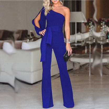 Women’s Jumpsuit – One Shoulder – Slim Fit – Flared Leg – Belted Waist – Luxury Fabric