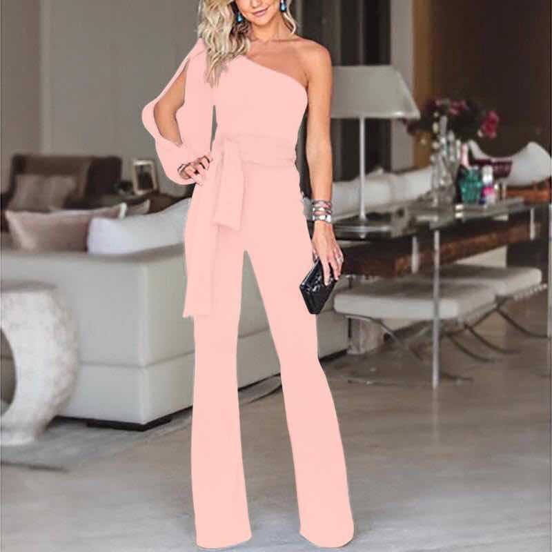 Women’s Jumpsuit – One Shoulder – Slim Fit – Flared Leg – Belted Waist – Luxury Fabric
