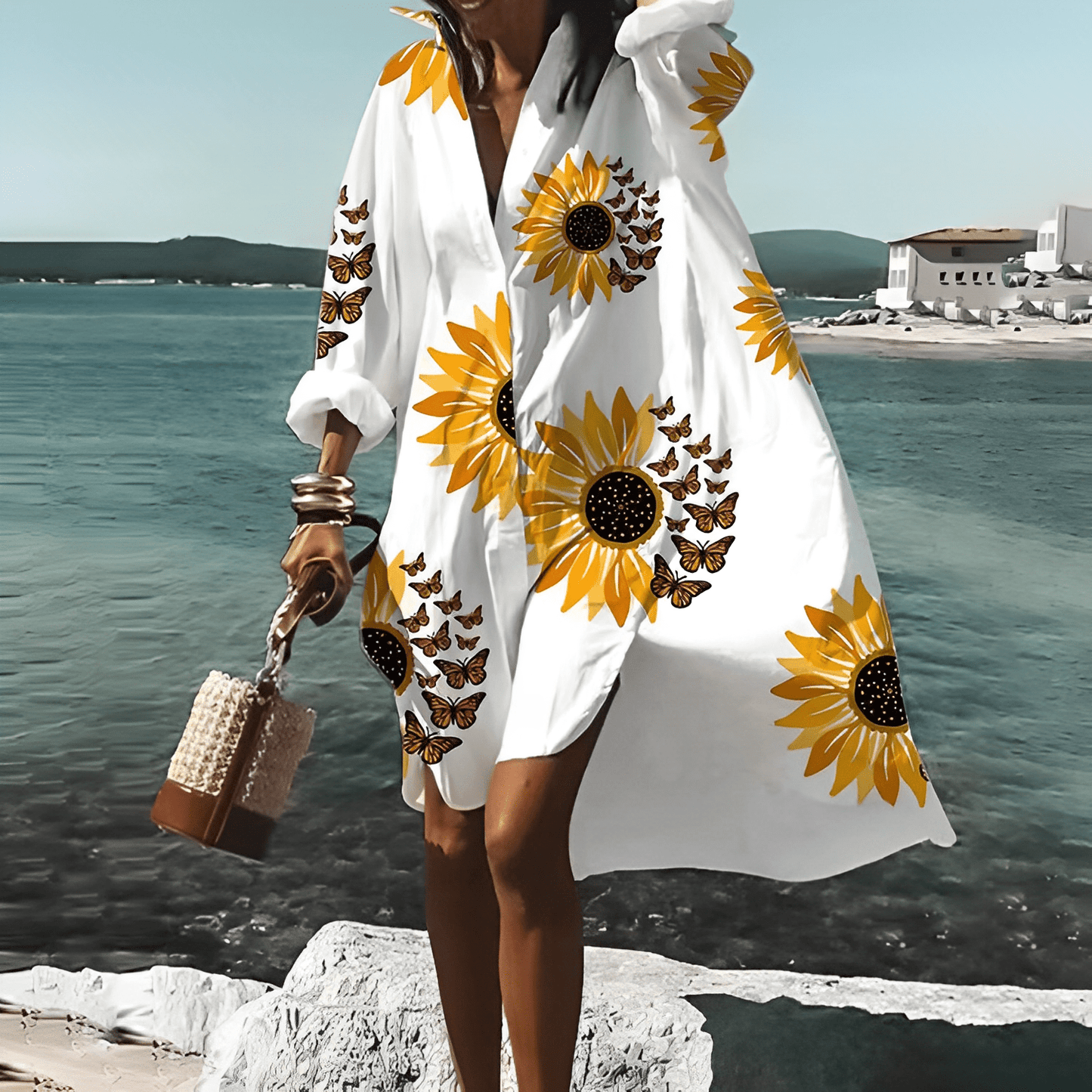 Women's Dress - Loose Fit - Knee-Length - Long Sleeve Flowy Casual Wear