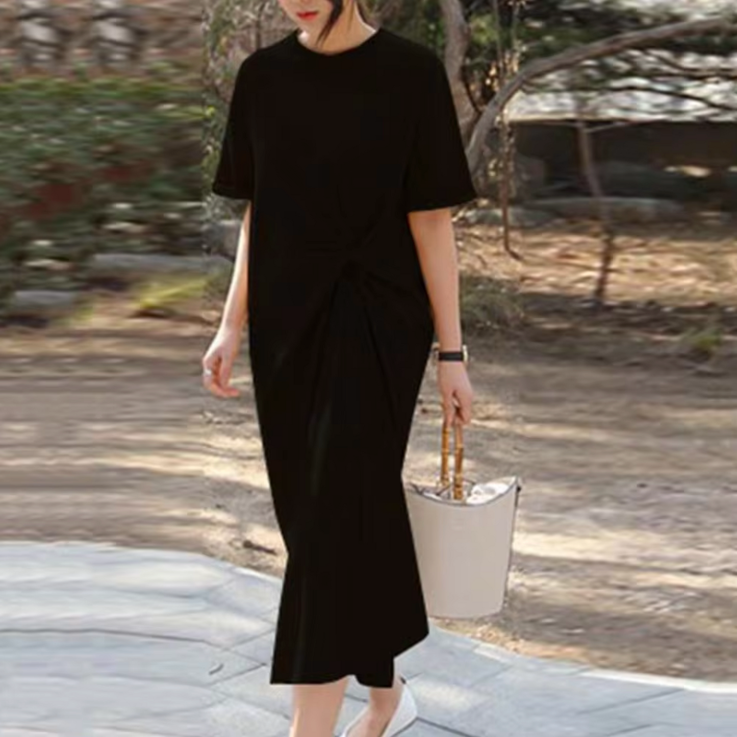 Women's Midi Dress - Short Sleeve - Round Neck - Ruched Side Detail - Relaxed Fit