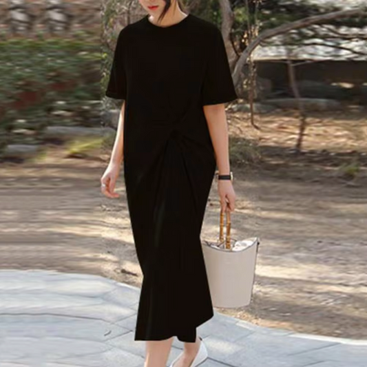 Women's Midi Dress - Short Sleeve - Round Neck - Ruched Side Detail - Relaxed Fit