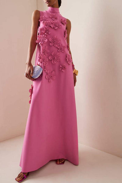Women’s Maxi Dress – Silky Fabric – Relaxed Fit – 3D Floral Appliqué – High Neckline