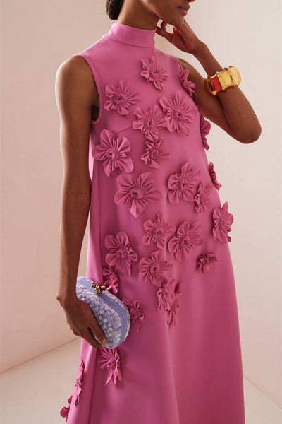 Women’s Maxi Dress – Silky Fabric – Relaxed Fit – 3D Floral Appliqué – High Neckline