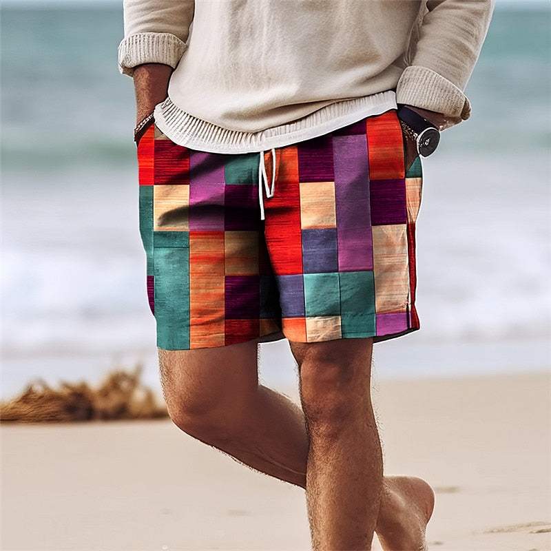 Men’s Patchwork Shorts - Knee-Length - Elastic Waist with Drawstring - Lightweight & Breathable