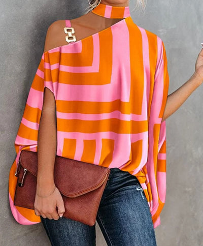 Women’s Off-Shoulder Top – Relaxed Fit – Asymmetric Neckline – Breathable Blend – Geometric Pattern