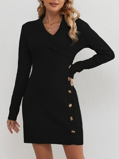 Women's Knitted Sweater Dress - Wrap V-Neck - Long Sleeve - Button Detail - Bodycon Fit