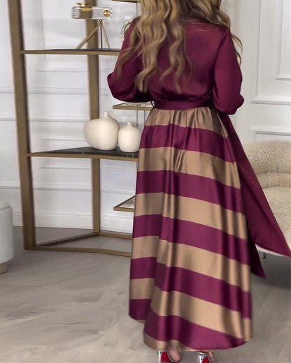 Women's Maxi Shirt Dress - Button-Up Long Sleeve - Striped Flowing Skirt - Belted Waist