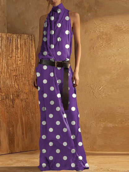 Women’s Maxi Tank Dress – High Neck – Sleeveless – Waist Belt – Flowing Fit – Breathable Blend