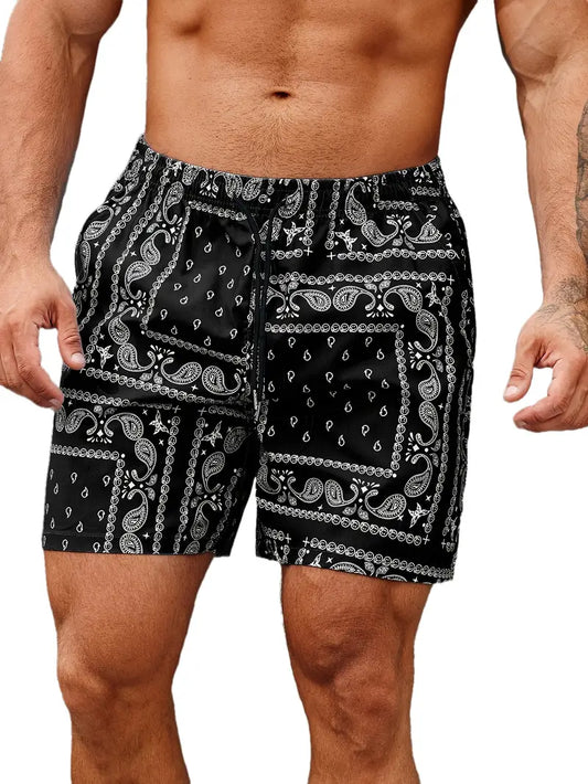 Men’s Swim Shorts – Quick-Dry Breathable Fabric – Bandana Print – Relaxed Fit – Mid-Thigh