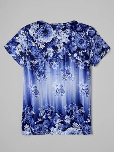 Women's Blouse - Floral Pattern - V-Neck with Button Detail - Short Sleeve Relaxed Fit