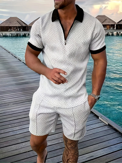 Geometric zip-up short set for men