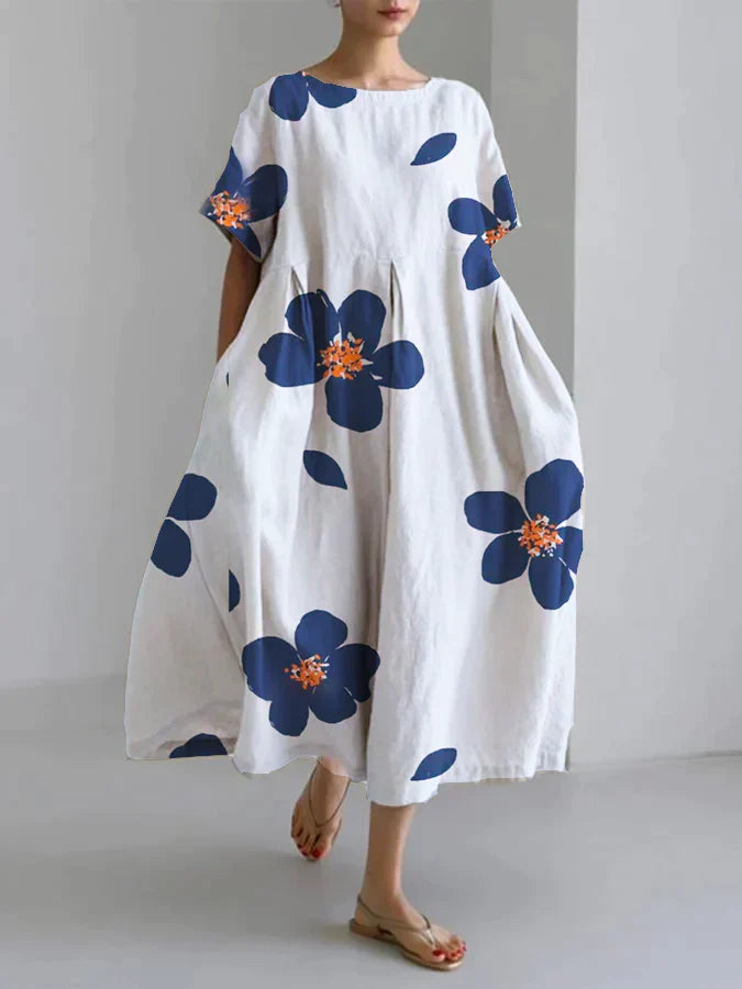 Women's Casual Loose Floral Dress with Round Neck – Spring Summer