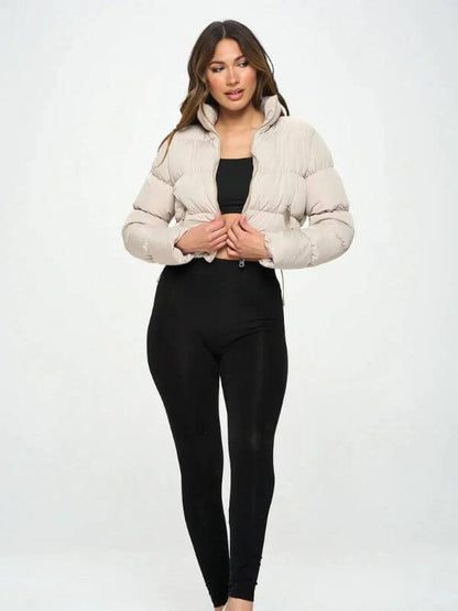 Women’s Puffer Jacket – Cropped Fit – Glossy Quilted Finish – Padded High Collar