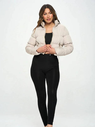 Women’s Puffer Jacket – Cropped Fit – Glossy Quilted Finish – Padded High Collar