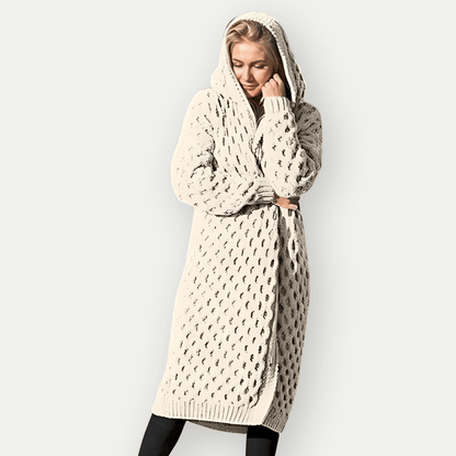 Women’s Hooded Jacket – Wool Knit – Relaxed Fit – Longline – Cable Pattern – Open Front