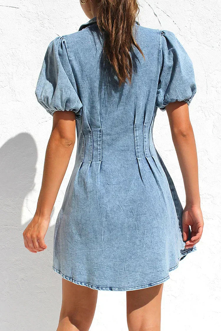 Elegant Solid Zip-Up Collared Short Sleeve Denim Dress