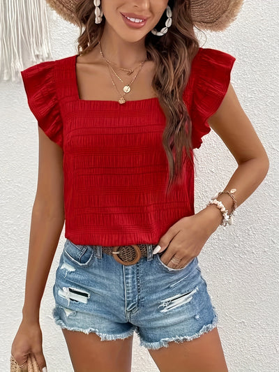 Smocked square-neck top with flutter sleeves for women