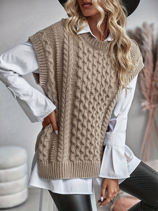 Women's Knitted Vest - Cable Knit - Sleeveless - Relaxed Fit - Layering Piece