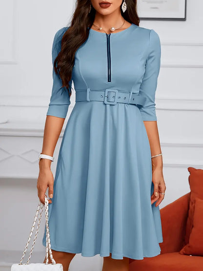 Women's Fit-and-Flare Dress - Three-Quarter Sleeves - Round Neck with Zipper - Belted Waist - Knee Length - With Pockets