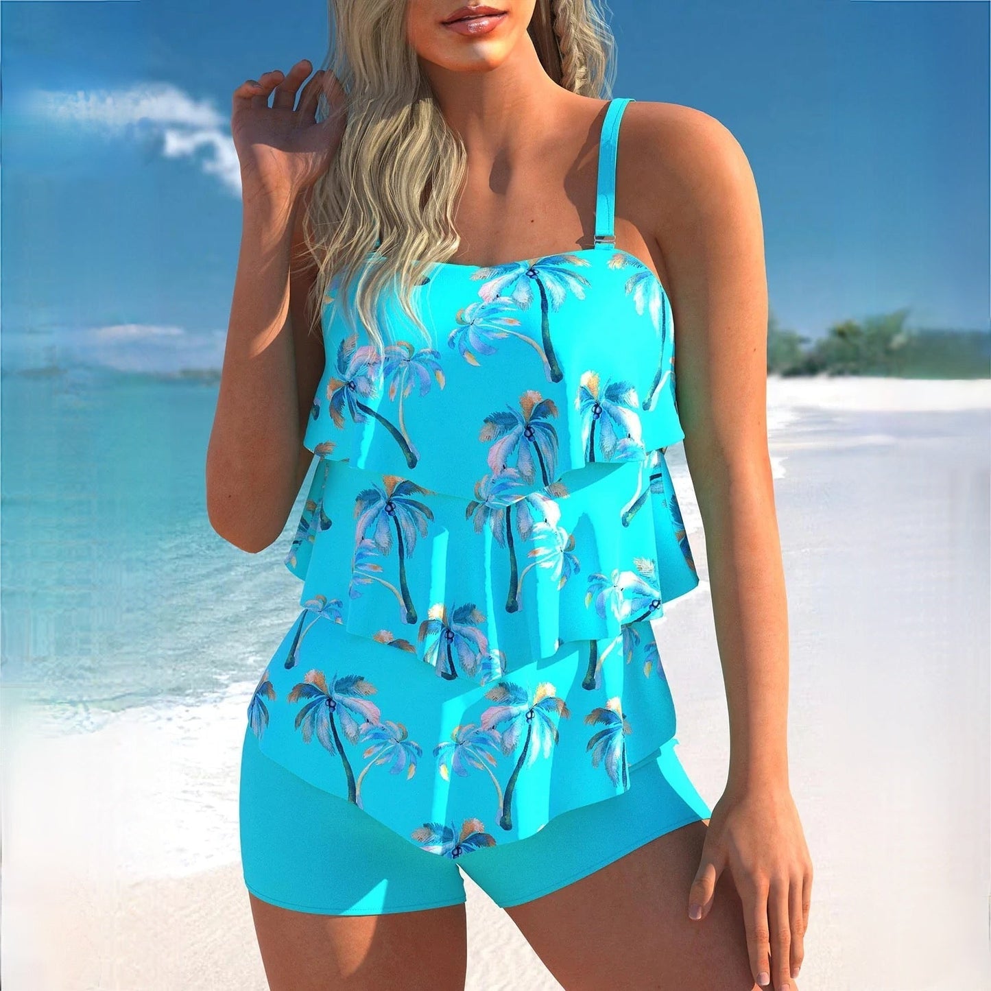 Women’s Tankini Set – Layered Ruffle Top – Adjustable Straps – Snug Swim Shorts