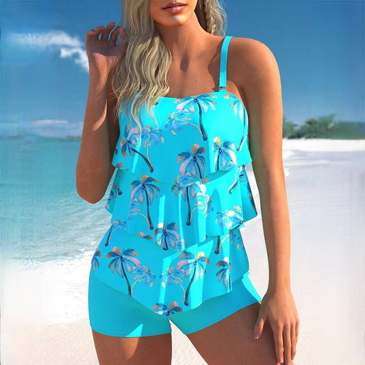 Women’s Tankini Set – Layered Ruffle Top – Adjustable Straps – Snug Swim Shorts