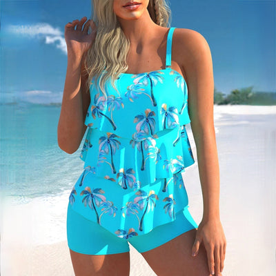 Women’s Tankini Set – Layered Ruffle Top – Adjustable Straps – Snug Swim Shorts