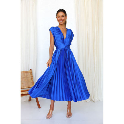 Women's Pleated Maxi Dress - Sleeveless V-Neck - Elegant Flowing Silhouette