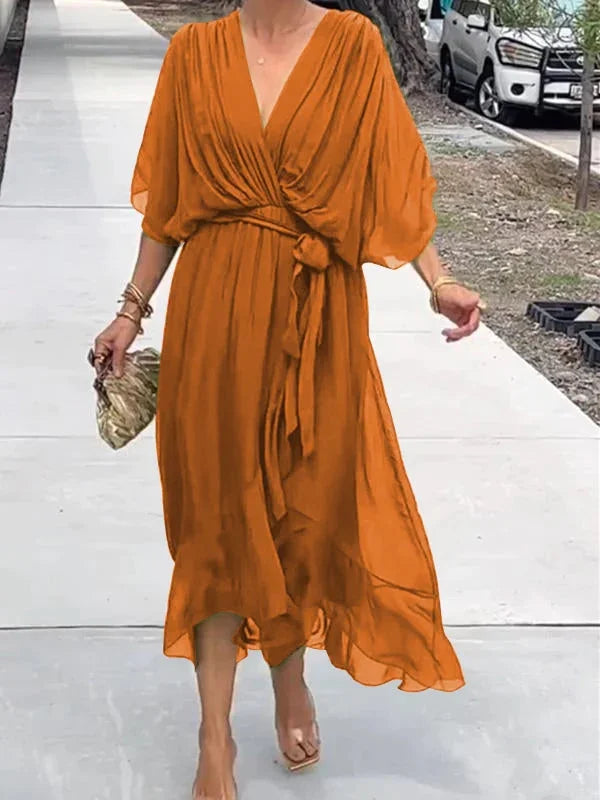 Women's Maxi Dress - V-Neck - Batwing Sleeves - Cinched Waist Tie - High-Low Hem
