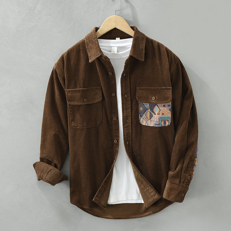 Men’s Long Sleeve Shirt – Relaxed Fit – Corduroy – Patchwork Chest and Sleeve – Button Front
