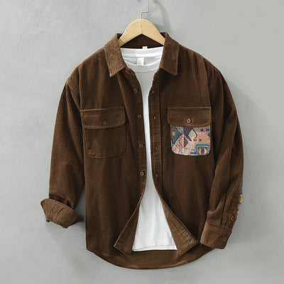 Men’s Long Sleeve Shirt – Relaxed Fit – Corduroy – Patchwork Chest and Sleeve – Button Front